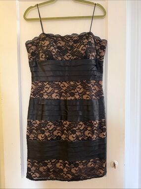 Black Lace Overlay Cocktail Dress with Nude Underlay